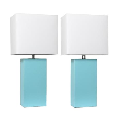 Elegant Designs LC2000-AQU-2PK Modern Leather Table Lamps; Aqua With White Fabric Shades - Pack Of 2